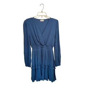 Altar’d State Blue Long Sleeve V-Neck Smocked Waist Ruffle Tiered Mini Dress M